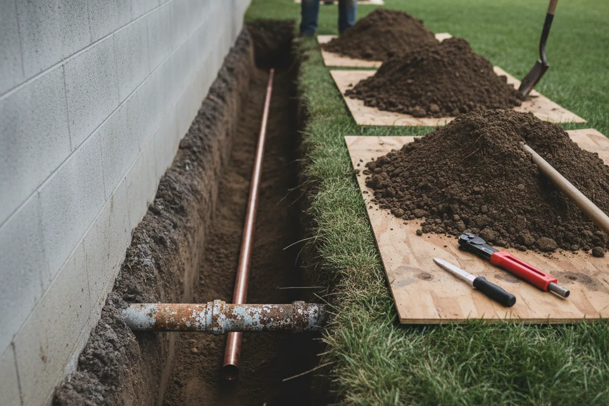 Excavated water line trench during Sewer Line Repair in Gordo
